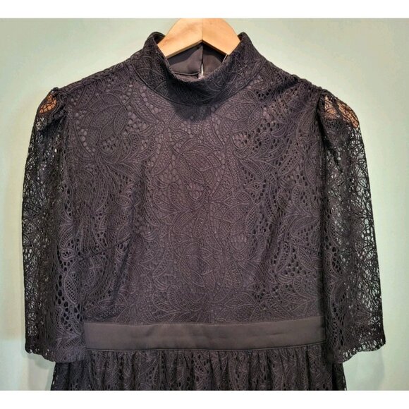NWOT Black Stretch Lace Short Sleeve Dark Cottagecore Whimsygoth Midi Dress S/M - Picture 2 of 7